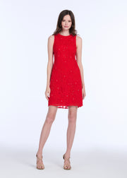 LACE APPLIQUE SHIFT DRESS WITH CHIFFON SOUTACHE AND CRYSTALS BLACK