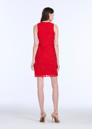 LACE APPLIQUE SHIFT DRESS WITH CHIFFON SOUTACHE AND CRYSTALS BLACK