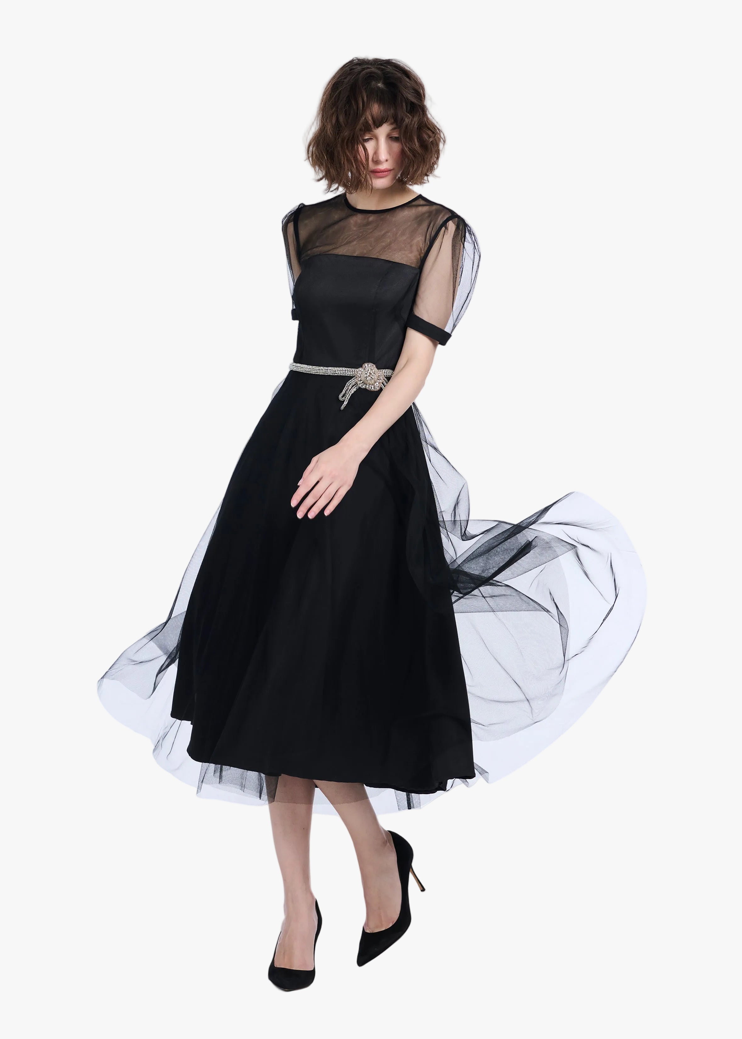 LUXE TULLE TEA LENGTH DRESS WITH CRYSTAL FLOWER AND WAIST TRIM