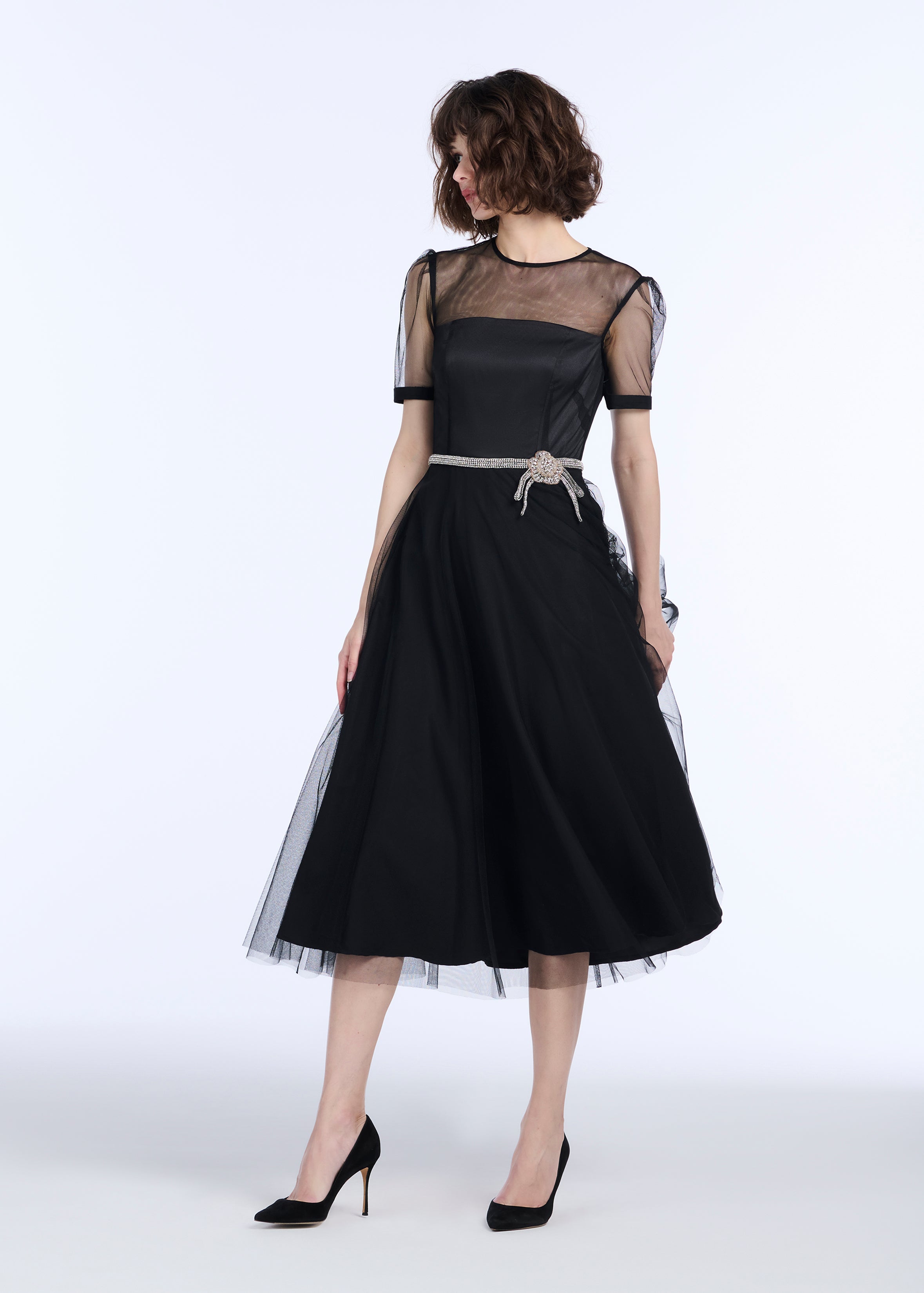 LUXE TULLE TEA LENGTH DRESS WITH CRYSTAL FLOWER AND WAIST TRIM