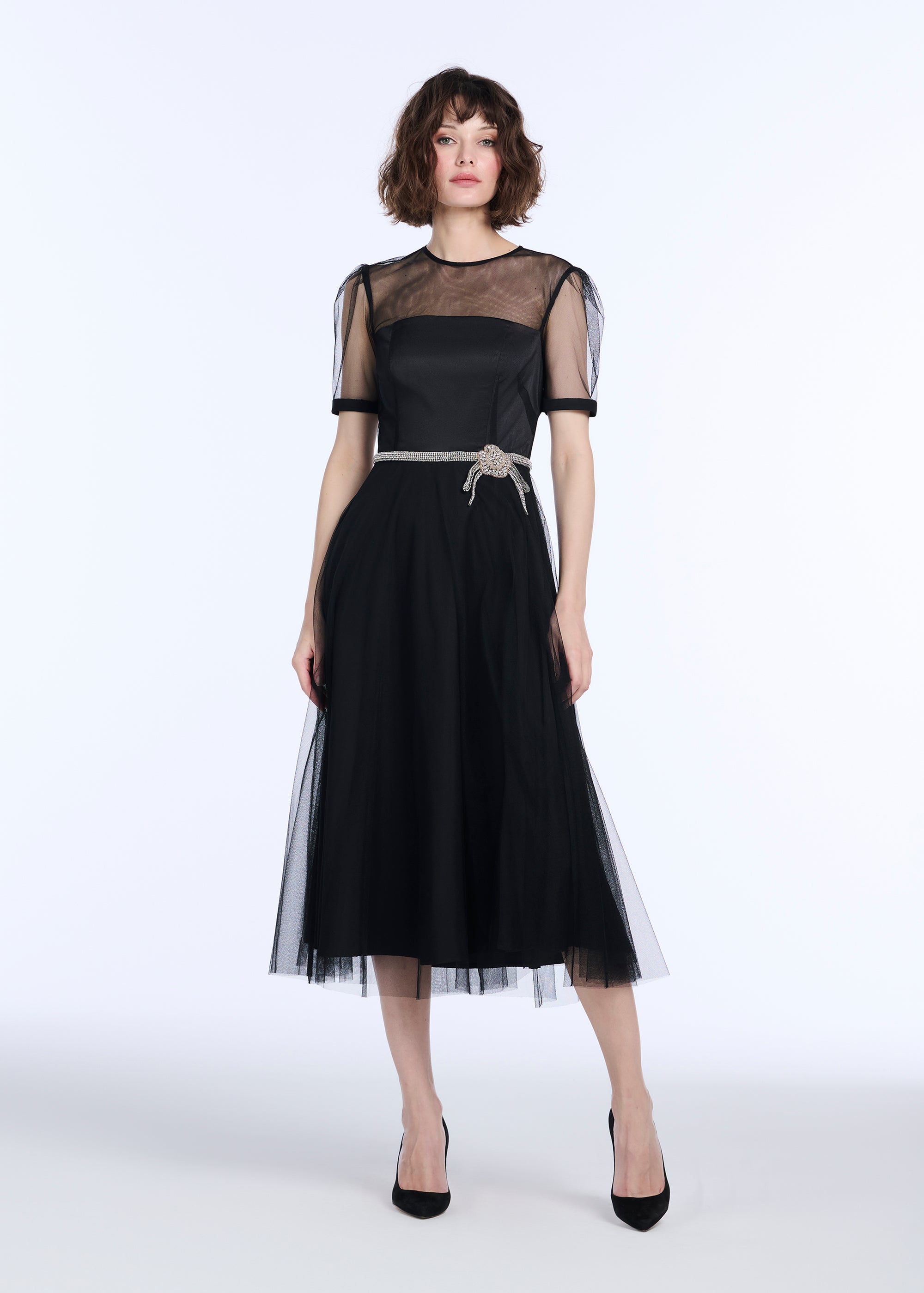 LUXE TULLE TEA LENGTH DRESS WITH CRYSTAL FLOWER AND WAIST TRIM