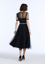 LUXE TULLE TEA LENGTH DRESS WITH CRYSTAL FLOWER AND WAIST TRIM