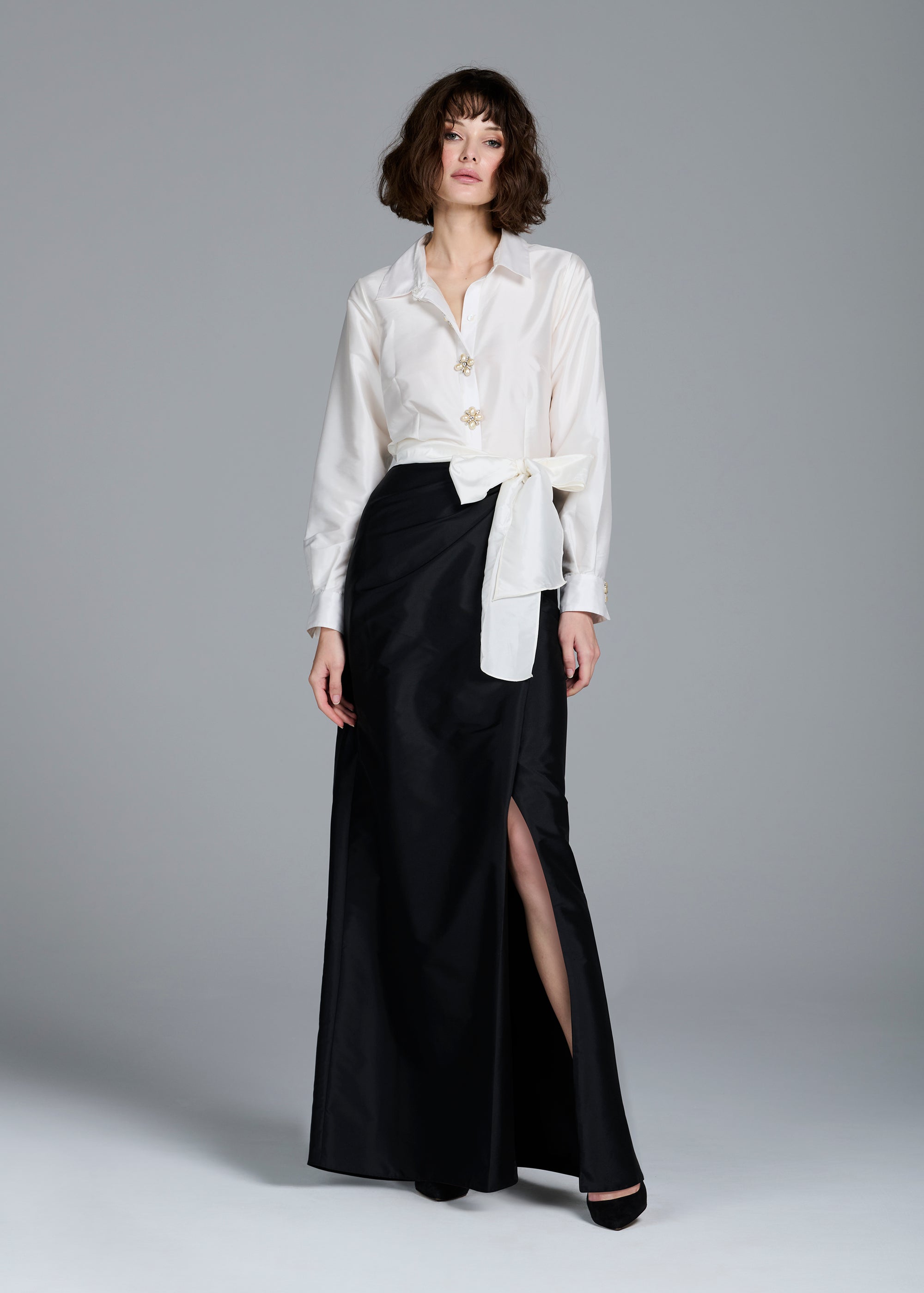 SOFT TAFFETA FAUX WRAP SKIRT NAVY