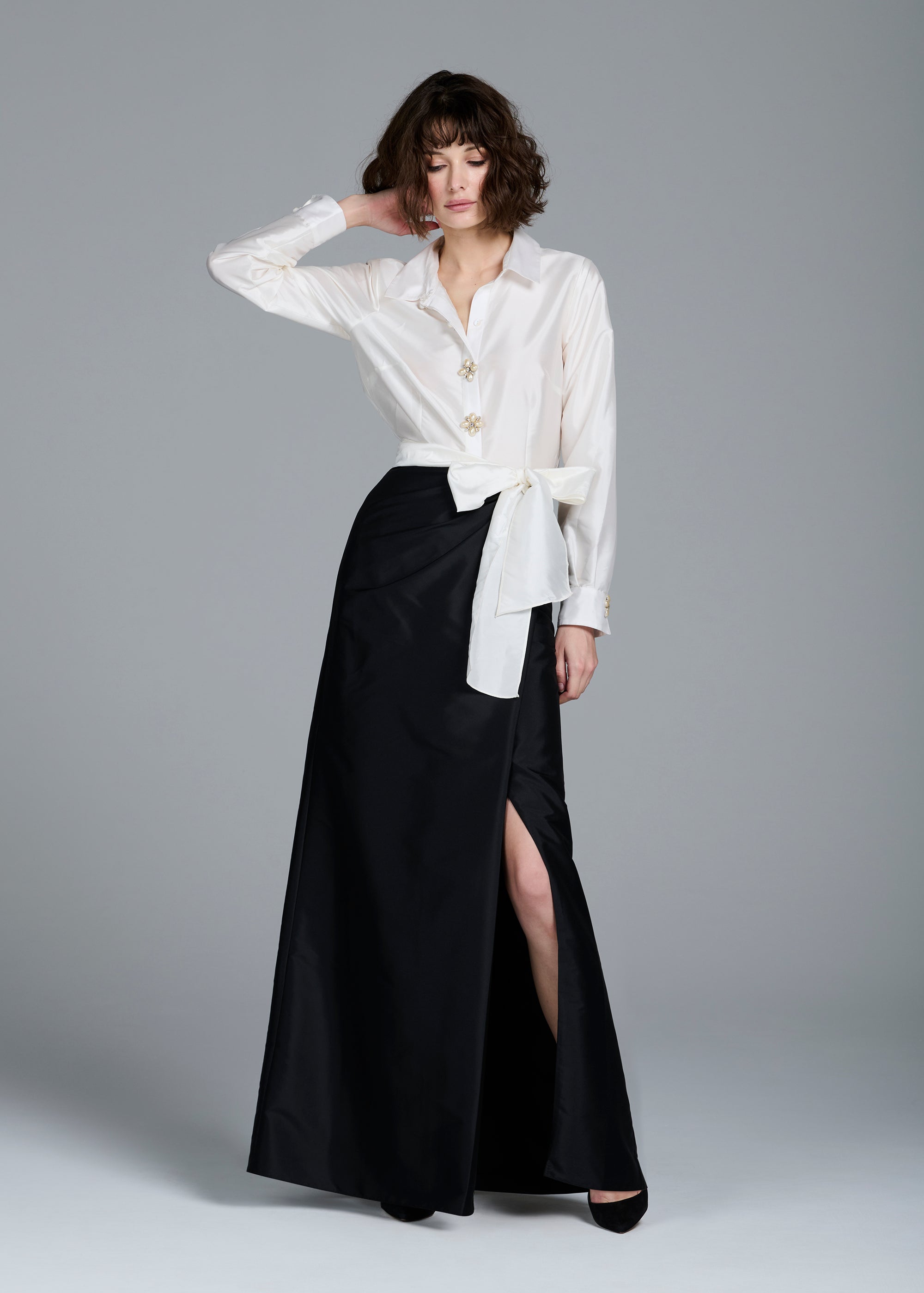 SOFT TAFFETA FAUX WRAP SKIRT NAVY