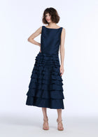 TAFFETA TIERED RUFFLE SKIRT NAVY