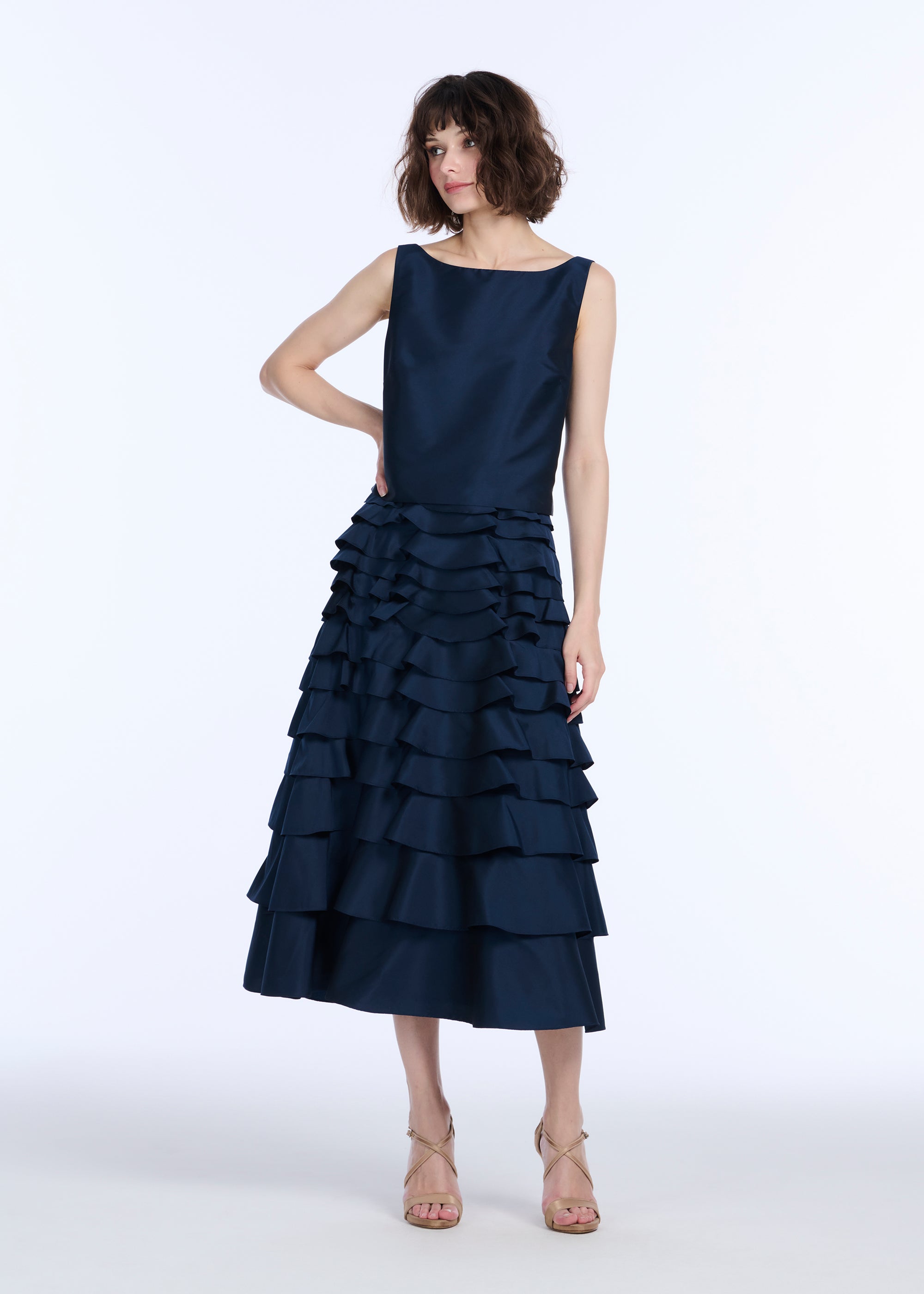 TAFFETA TIERED RUFFLE SKIRT NAVY