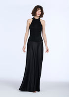 STRETCH SATIN BIAS LONG A-LINE SKIRT - BLACK