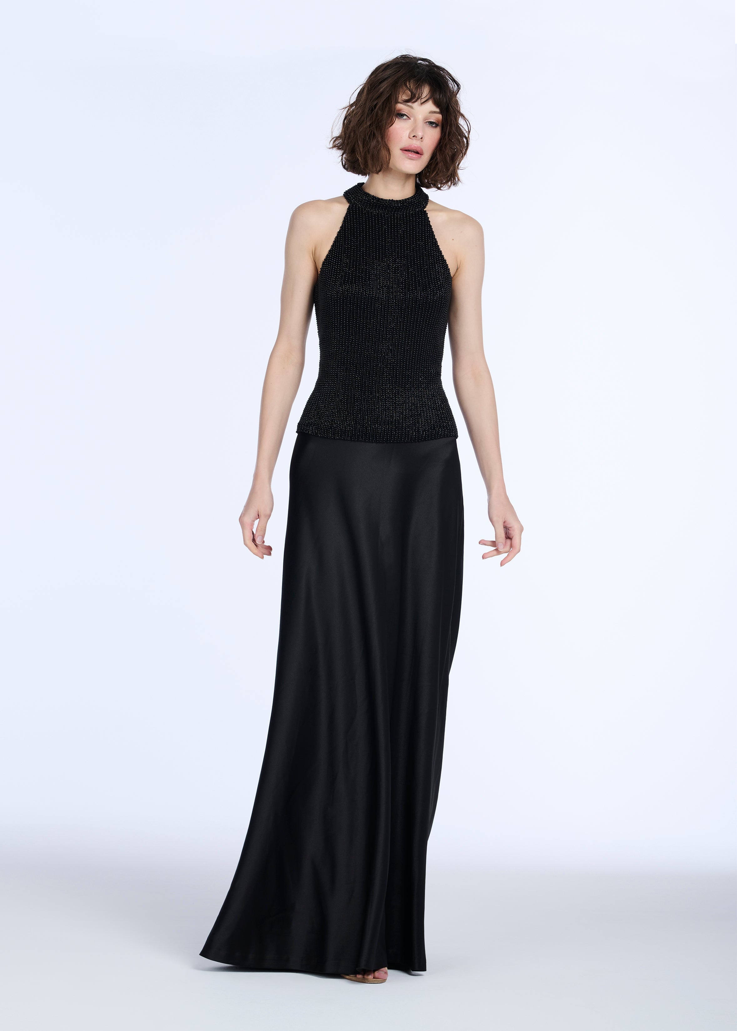 STRETCH SATIN BIAS LONG A-LINE SKIRT - BLACK