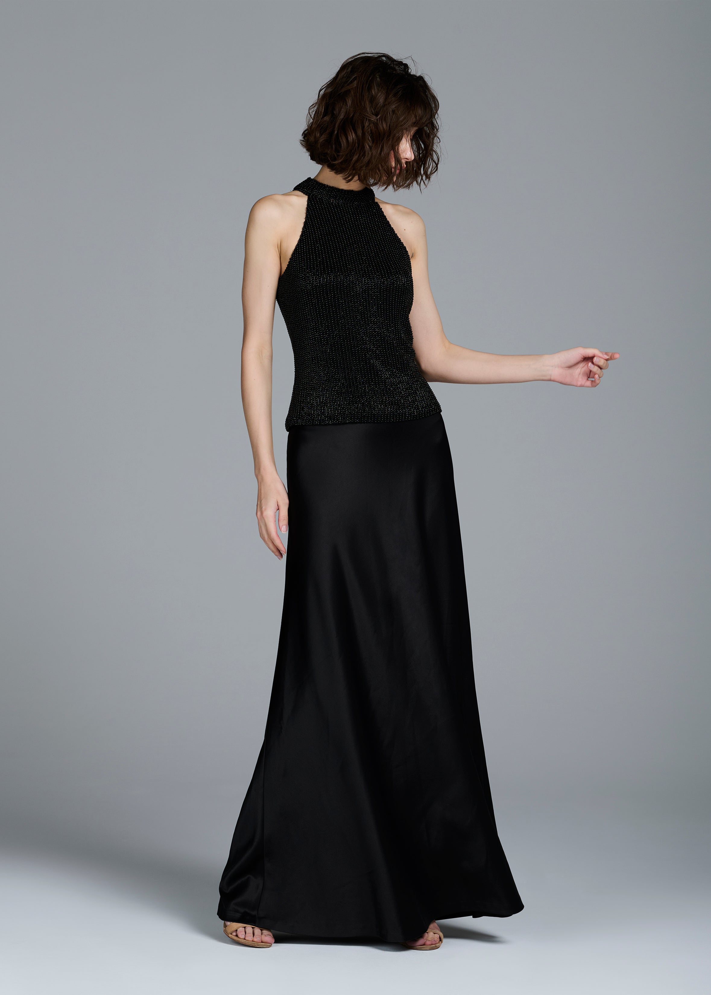 STRETCH SATIN BIAS LONG A-LINE SKIRT - BLACK