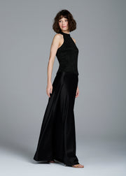STRETCH SATIN BIAS LONG A-LINE SKIRT - BLACK