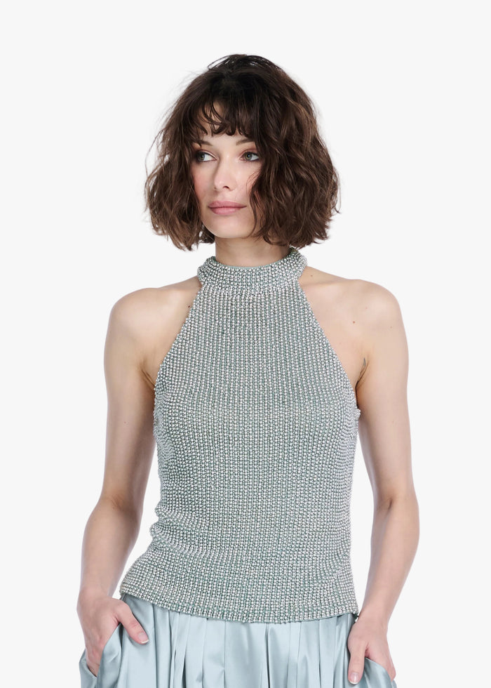 LIGHT BLUE PEARL ENCRUSTED SLEEVELESS MOCK NECK