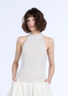 PEARL ENCRUSTED SLEEVELESS MOCK NECK IVORY