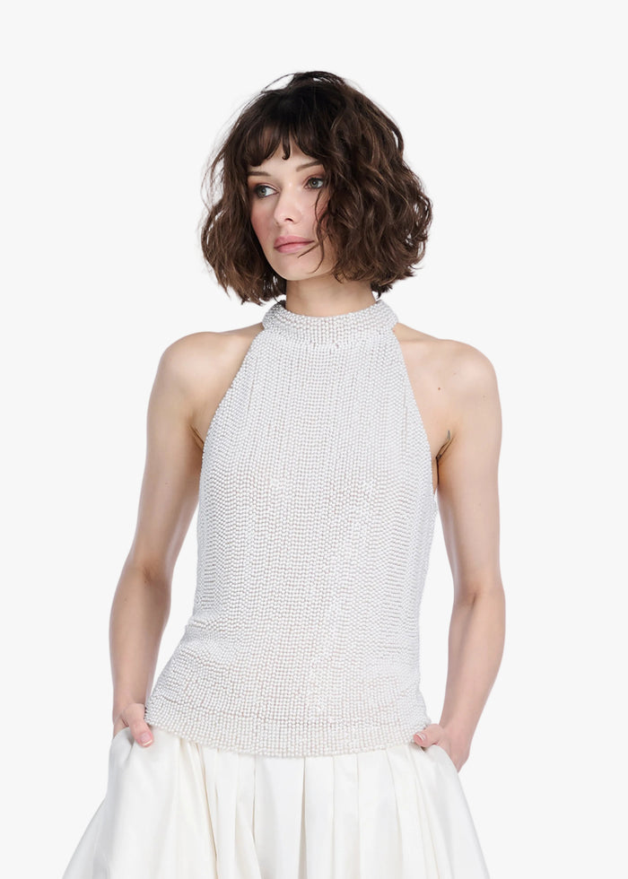 PEARL ENCRUSTED SLEEVELESS MOCK NECK IVORY