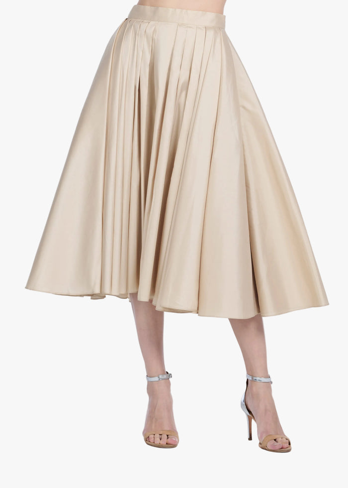 TEA LENGTH PLEATED SOFT TAFFETA MIDI SKIRT CHAMPAGNE