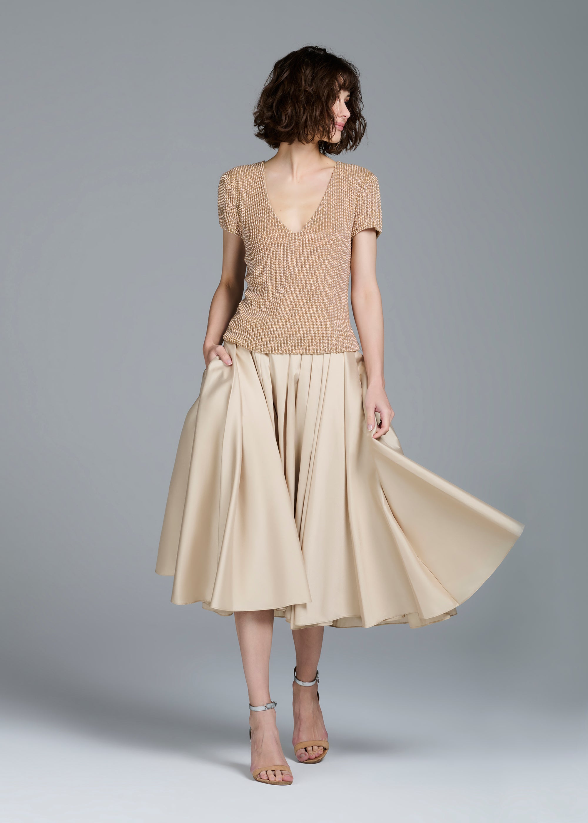 Stretch Pearl Beaded V-Neck Top Champagne