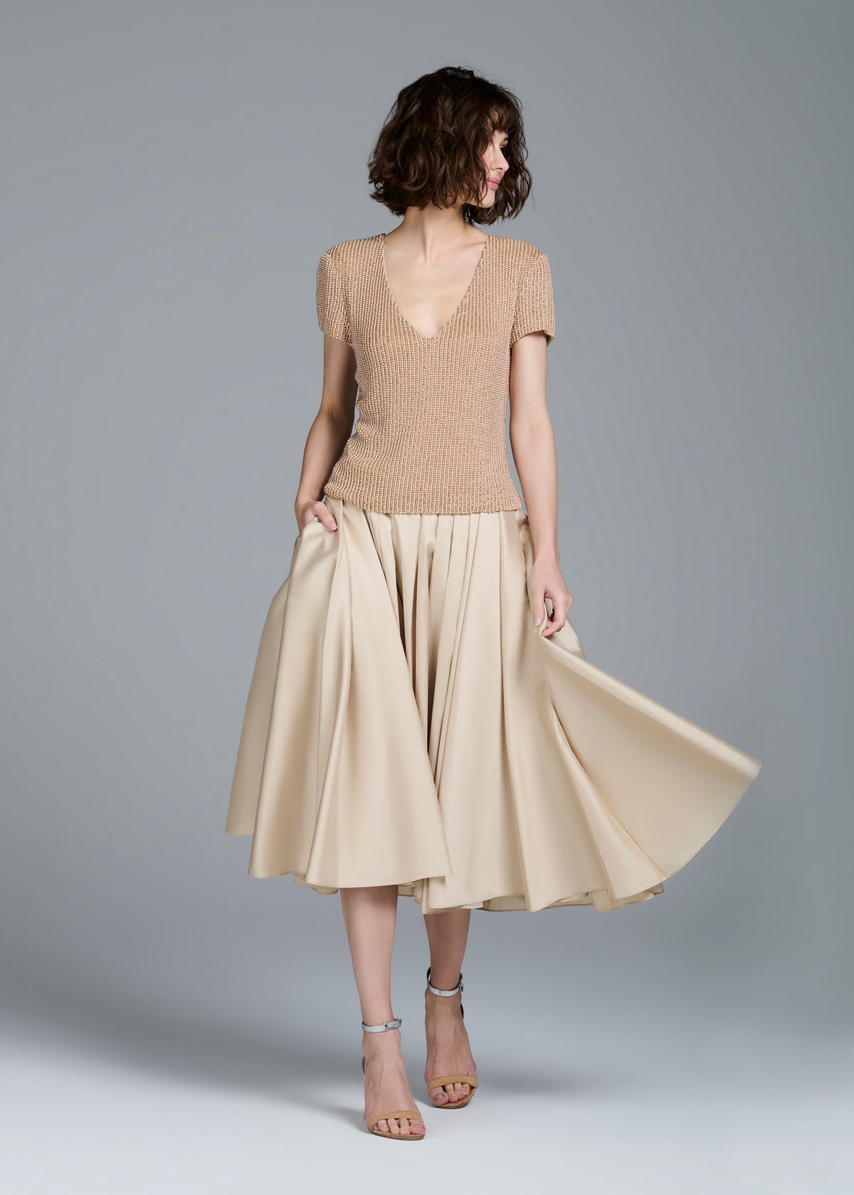 Stretch Pearl Beaded V-Neck Top Champagne