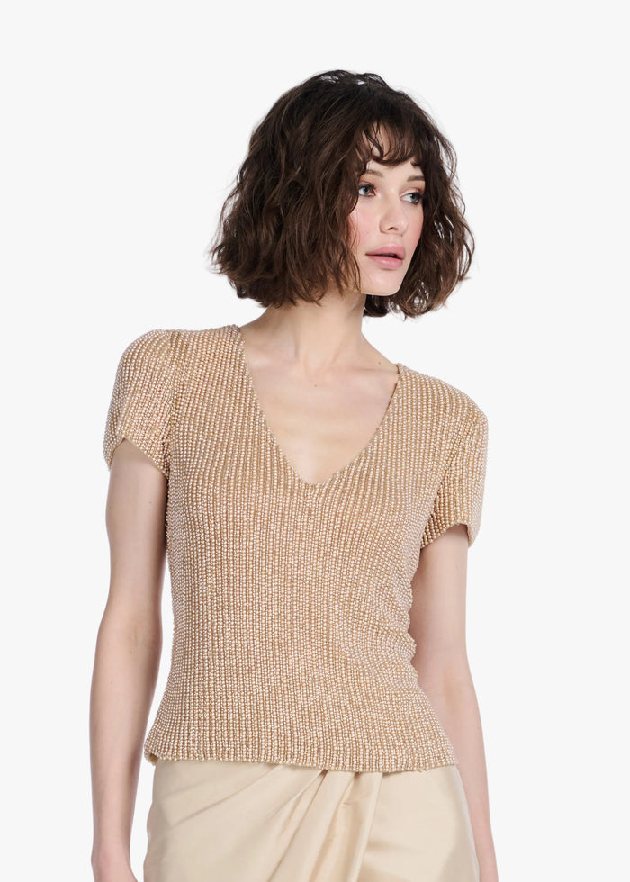 STRETCH PEARL BEADED V-NECK TOP CHAMPAGNE