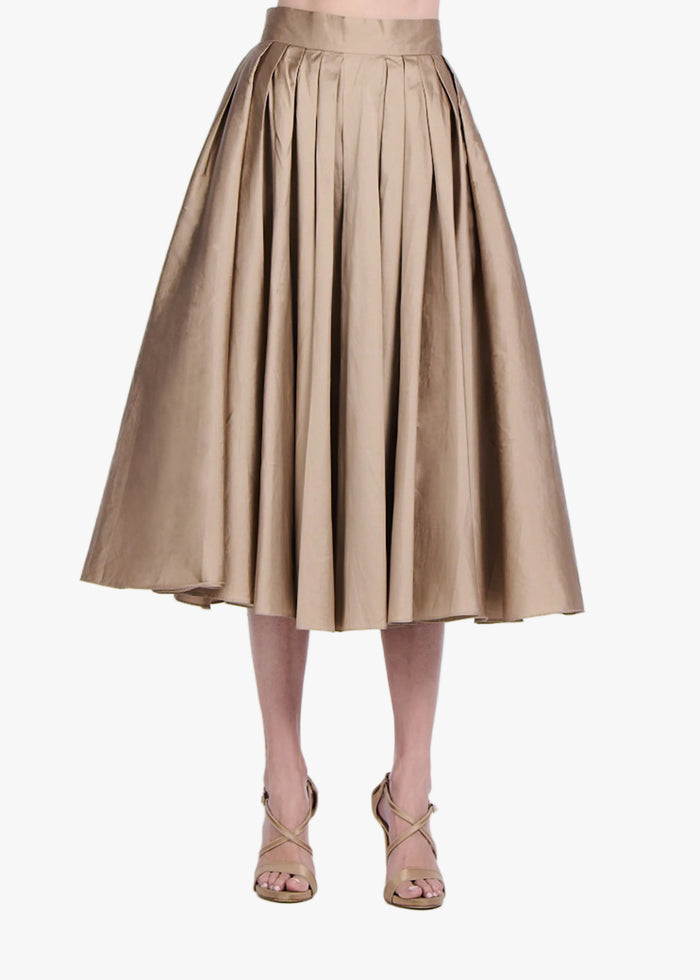 Tea Length Pleated Soft Taffeta Midi Skirt Suntan