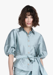 PUFF SLEEVE BLOUSE WITH FLORAL MEDALLION BUTTONS LIGHT BLUE