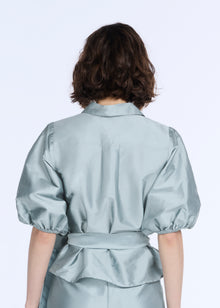 TAFFETA PUFF SLEEVE BLOUSE WITH CRYSTAL BOW HEART BUTTONS LIGHT BLUE