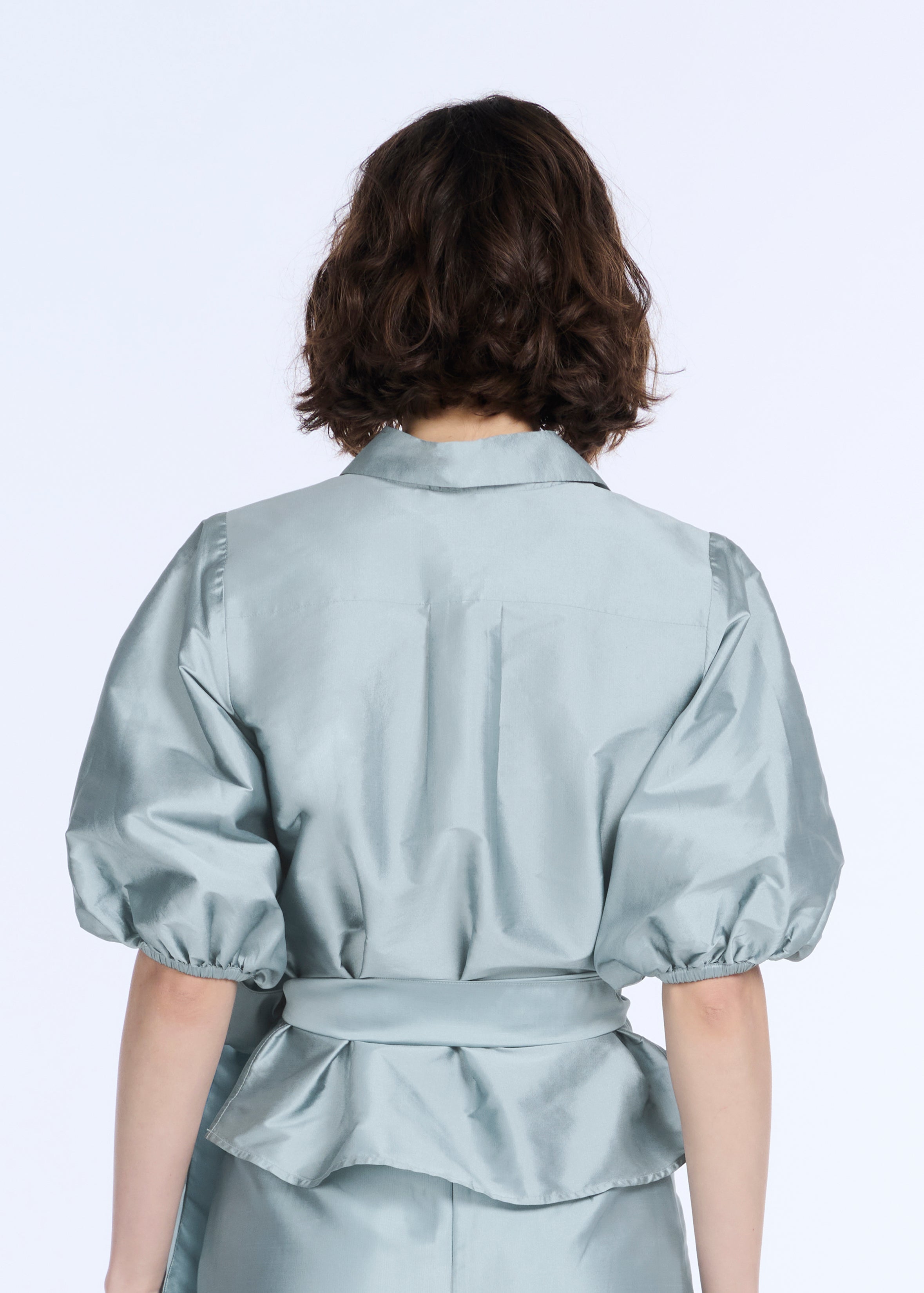 TAFFETA PUFF SLEEVE BLOUSE WITH CRYSTAL BOW HEART BUTTONS LIGHT BLUE