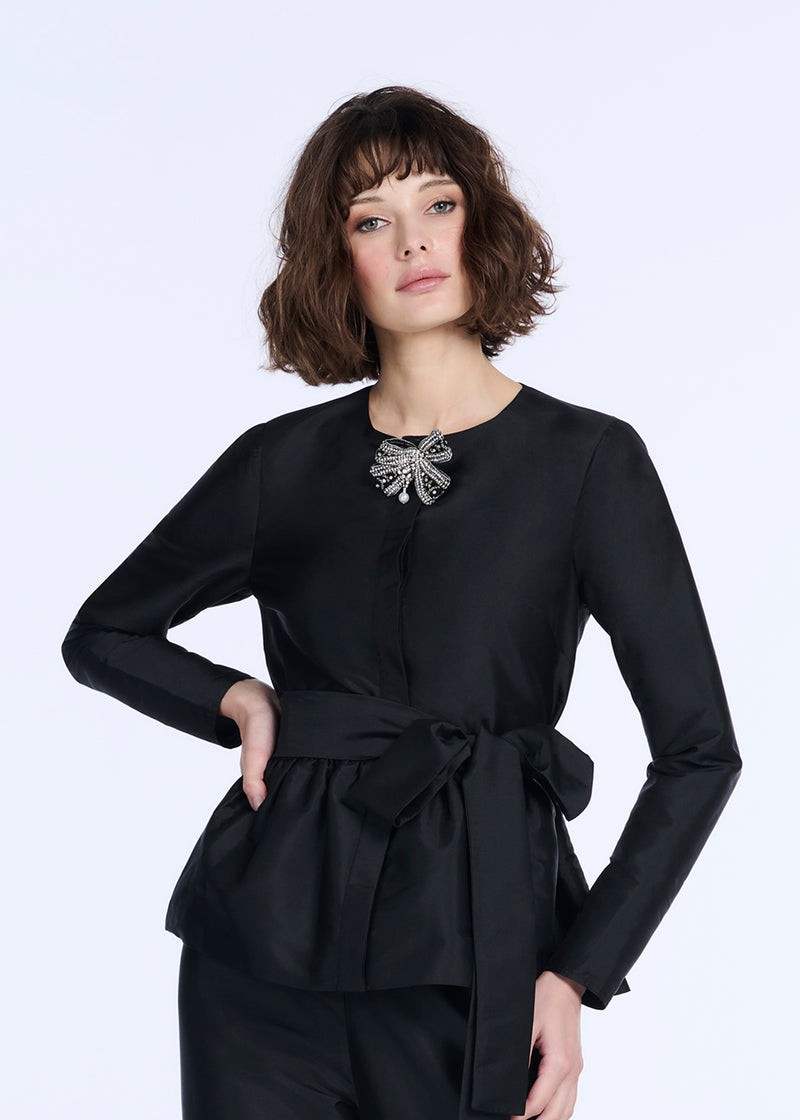 TAFFETA PRINCESS BLOUSE WITH CRYSTAL BOW BLACK