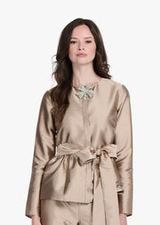 TAFFETA PRINCESS BLOUSE WITH CRYSTAL BOW SUNTAN