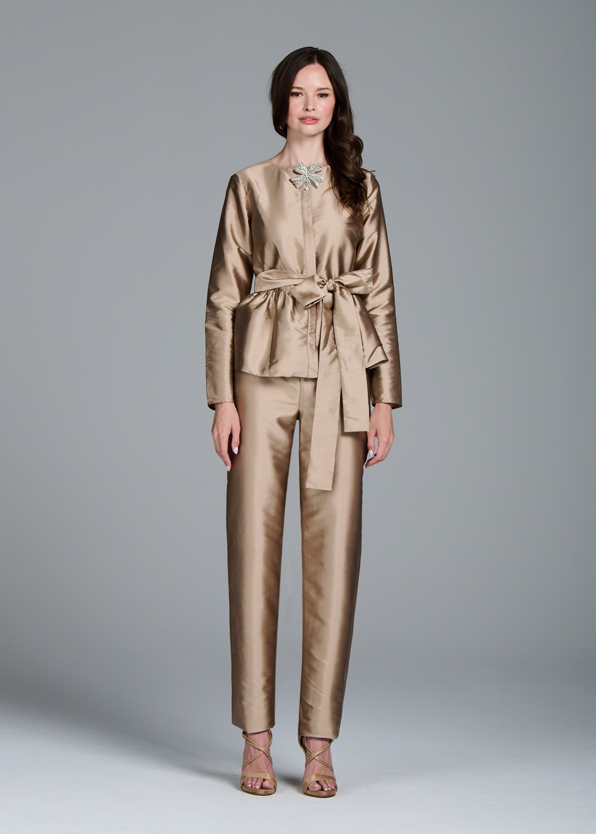 TAFFETA PRINCESS BLOUSE WITH CRYSTAL BOW SUNTAN