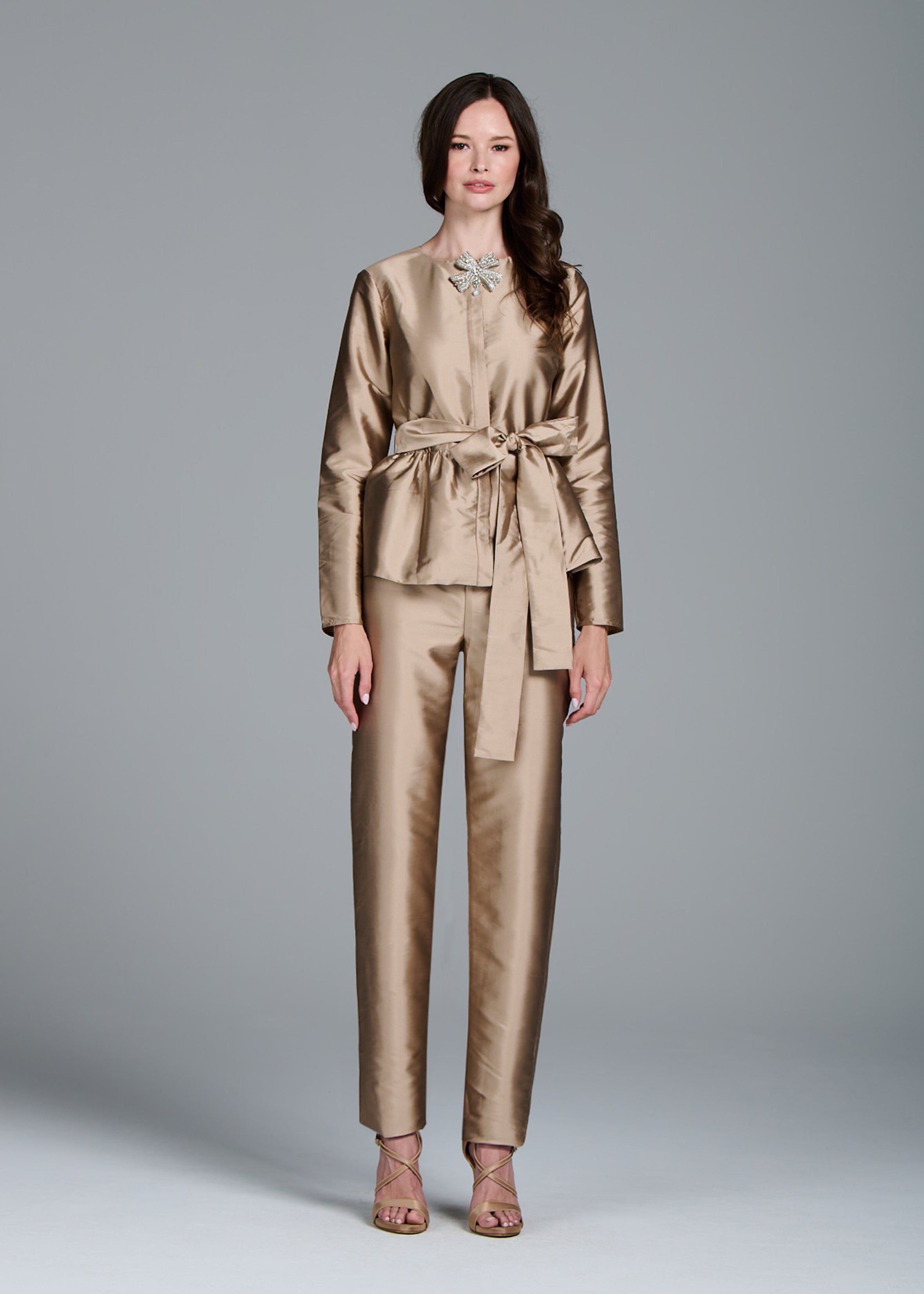 TAFFETA PRINCESS BLOUSE WITH CRYSTAL BOW SUNTAN