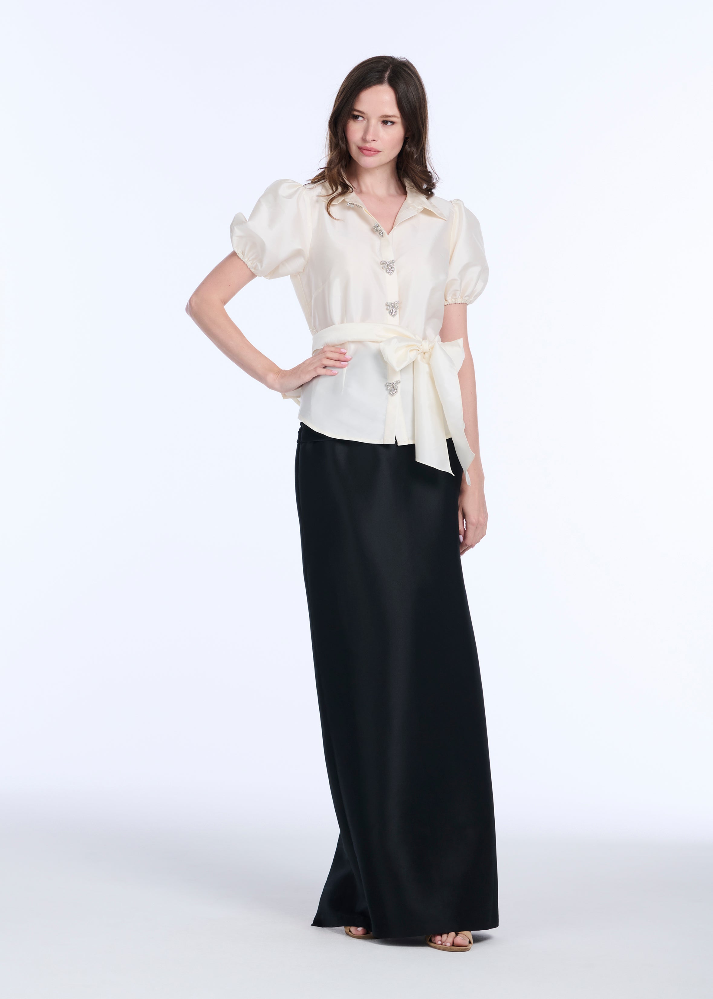 TAFFETA PUFF SLEEVE BLOUSE WITH CRYSTAL LOCKET HEART BUTTONS WATERMELON