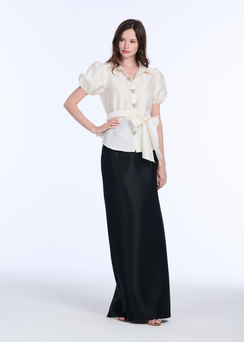 TAFFETA PUFF SLEEVE BLOUSE WITH CRYSTAL BOW HEART BUTTONS IVORY