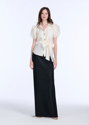 TAFFETA PUFF SLEEVE BLOUSE WITH CRYSTAL LOCKET HEART BUTTONS IVORY
