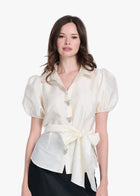 TAFFETA PUFF SLEEVE BLOUSE WITH CRYSTAL LOCKET HEART BUTTONS WATERMELON