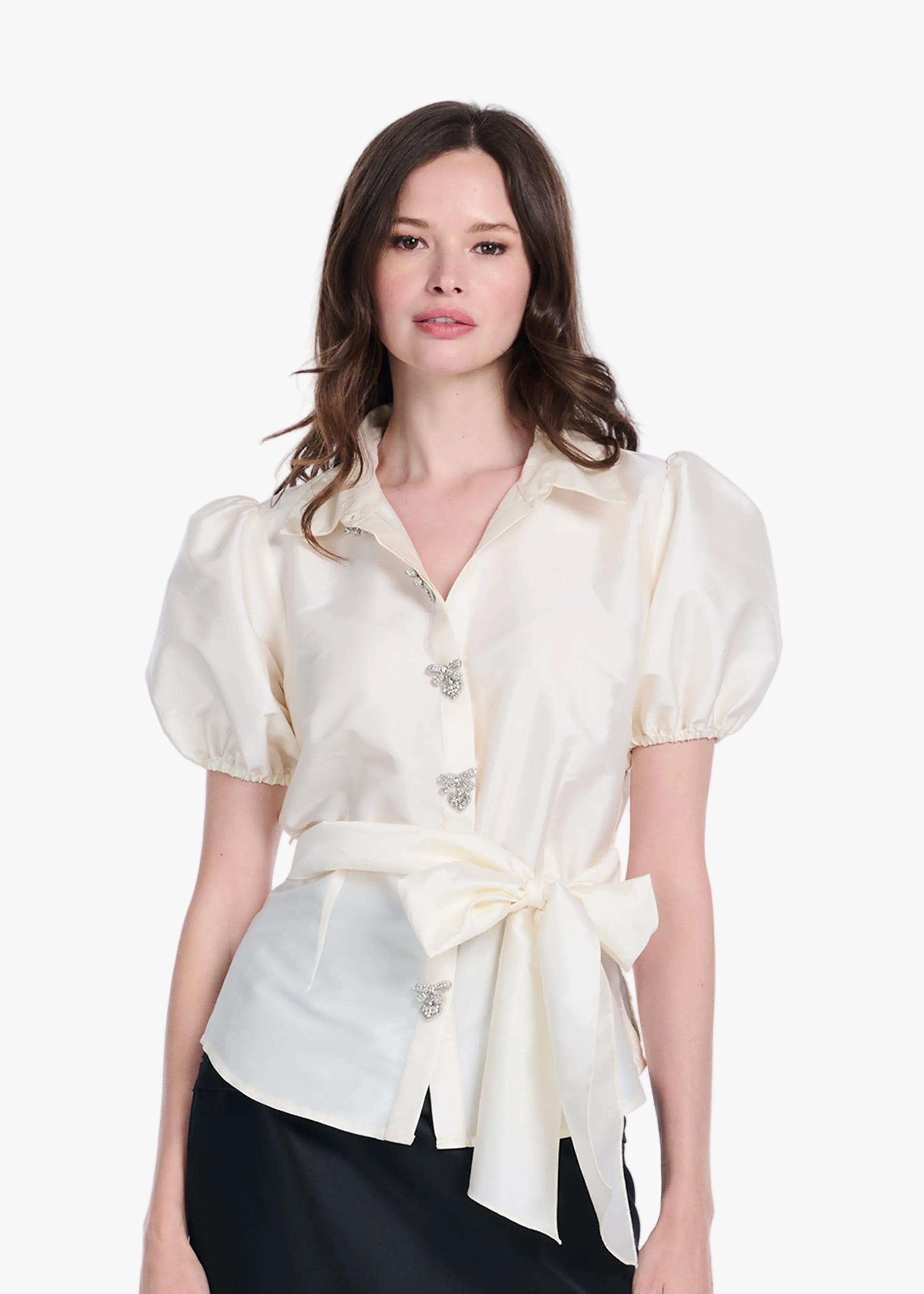 TAFFETA PUFF SLEEVE BLOUSE WITH CRYSTAL LOCKET HEART BUTTONS WATERMELON