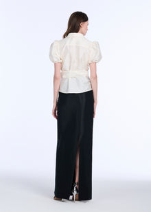 TAFFETA PUFF SLEEVE BLOUSE WITH CRYSTAL LOCKET HEART BUTTONS WATERMELON