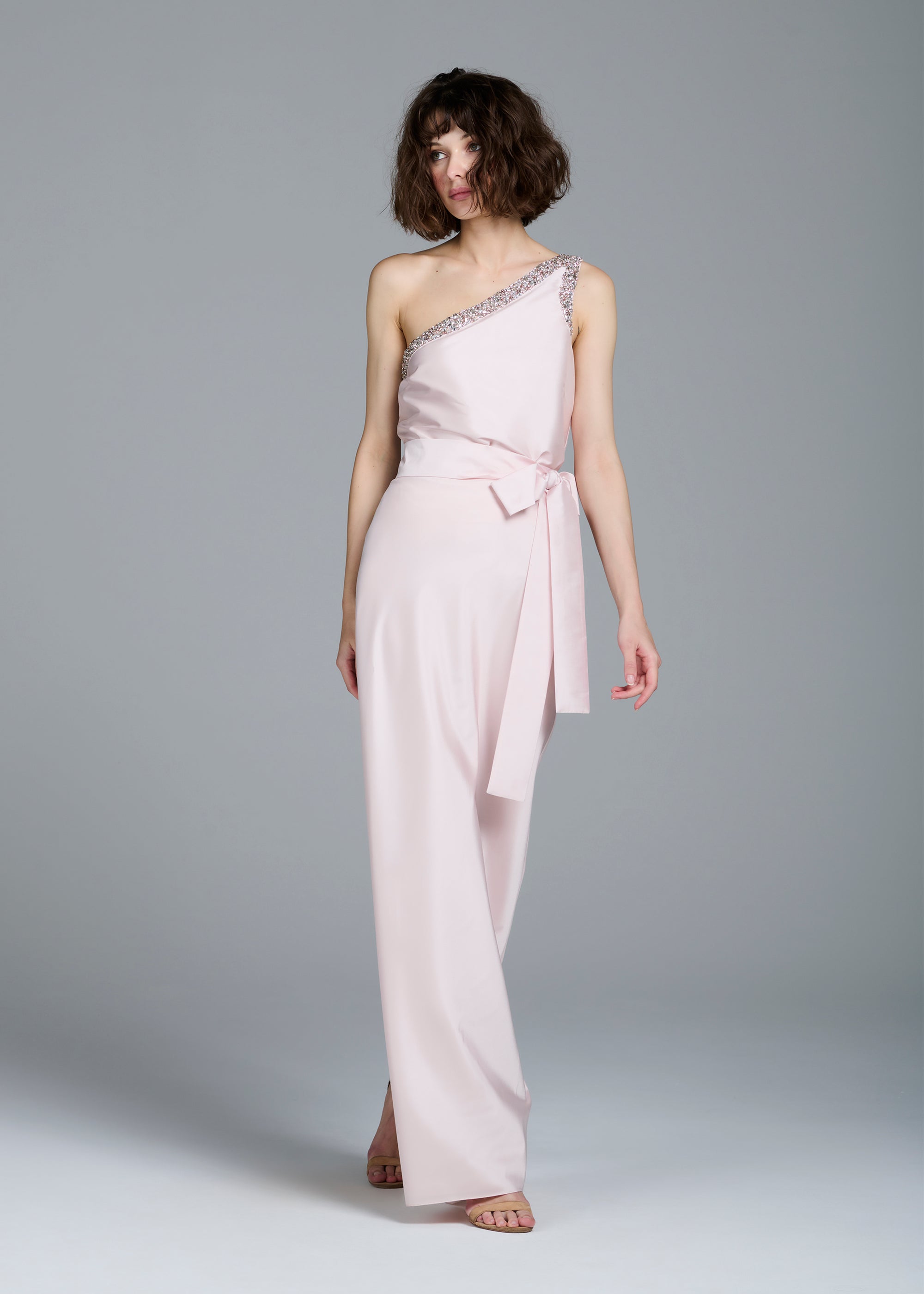 TAFFETA BIAS COLUMN SKIRT WITH SASH BLUSH