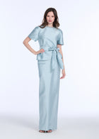 TAFFETA BIAS COLUMN SKIRT WITH SASH LIGHT BLUE