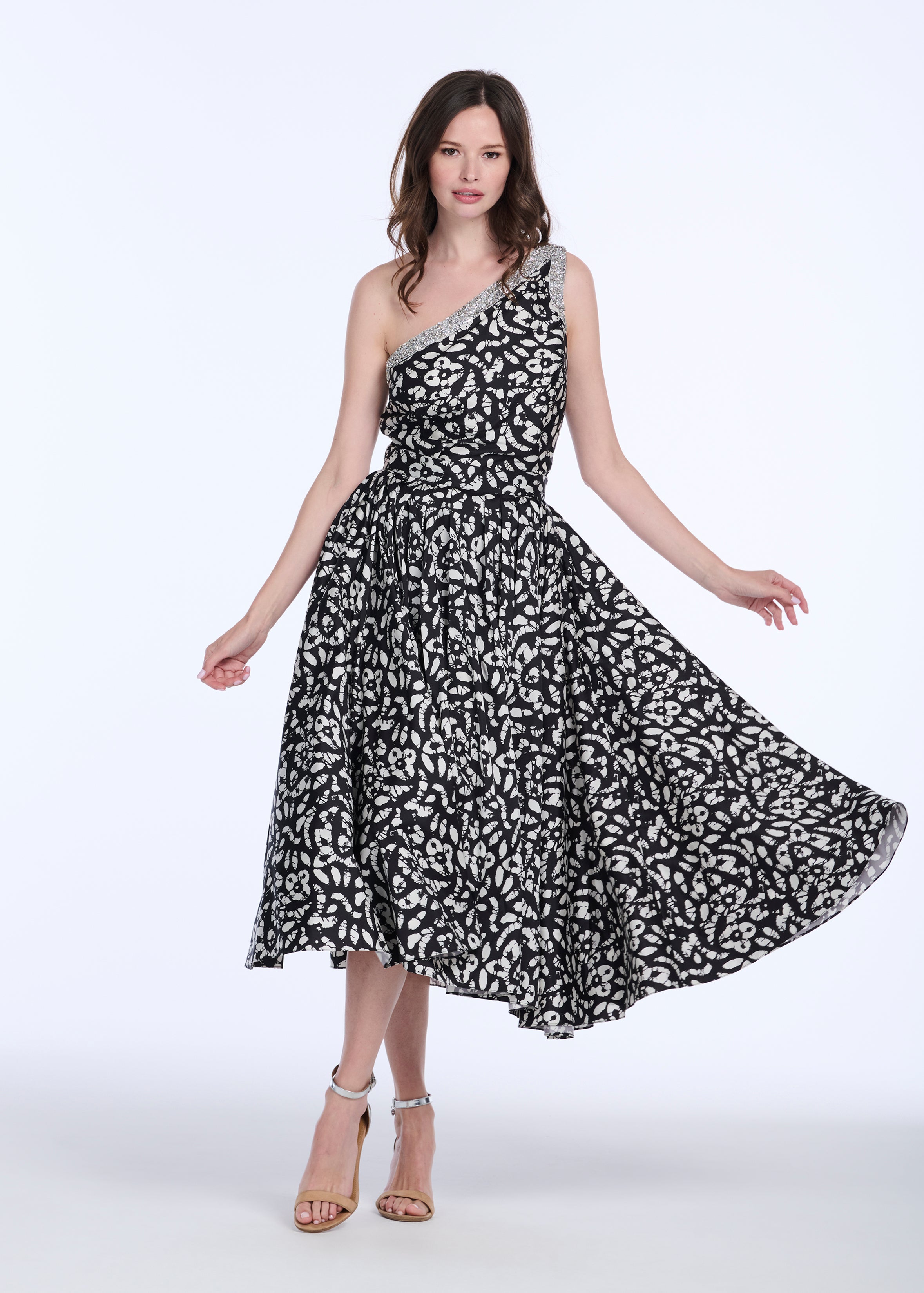 CRYSTAL TRIMMED ONE SHOULDER GRAPHIC PRINT BLOUSE IN BATIK PRINT