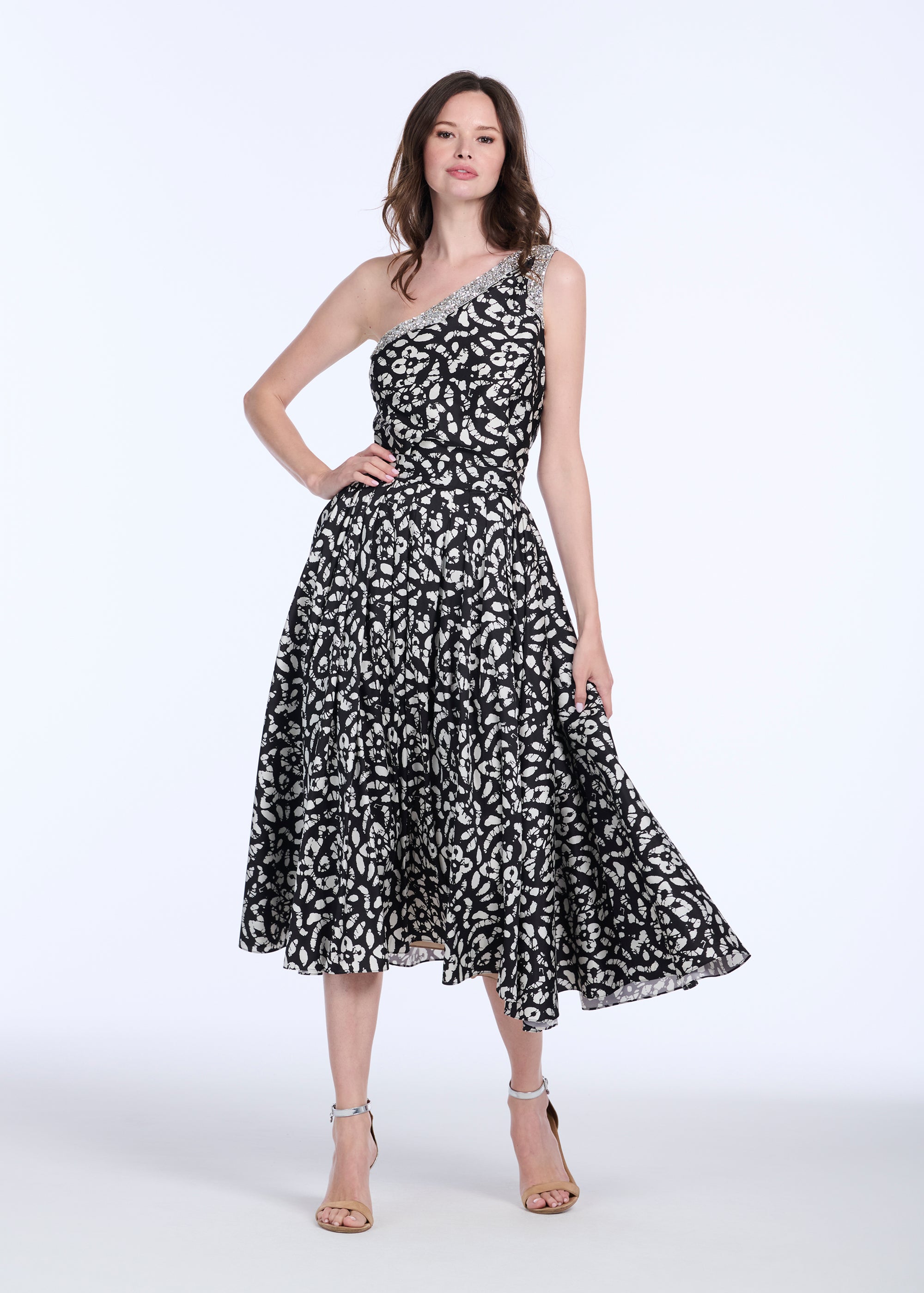 CRYSTAL TRIMMED ONE SHOULDER GRAPHIC PRINT BLOUSE IN BATIK PRINT