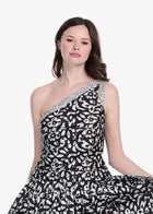 CRYSTAL TRIMMED ONE SHOULDER GRAPHIC PRINT BLOUSE IN BATIK PRINT