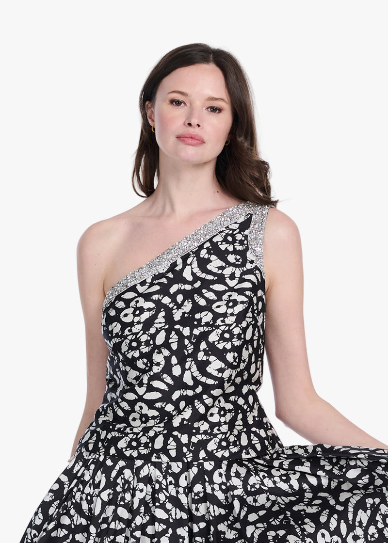CRYSTAL TRIMMED ONE SHOULDER GRAPHIC PRINT BLOUSE IN BATIK PRINT