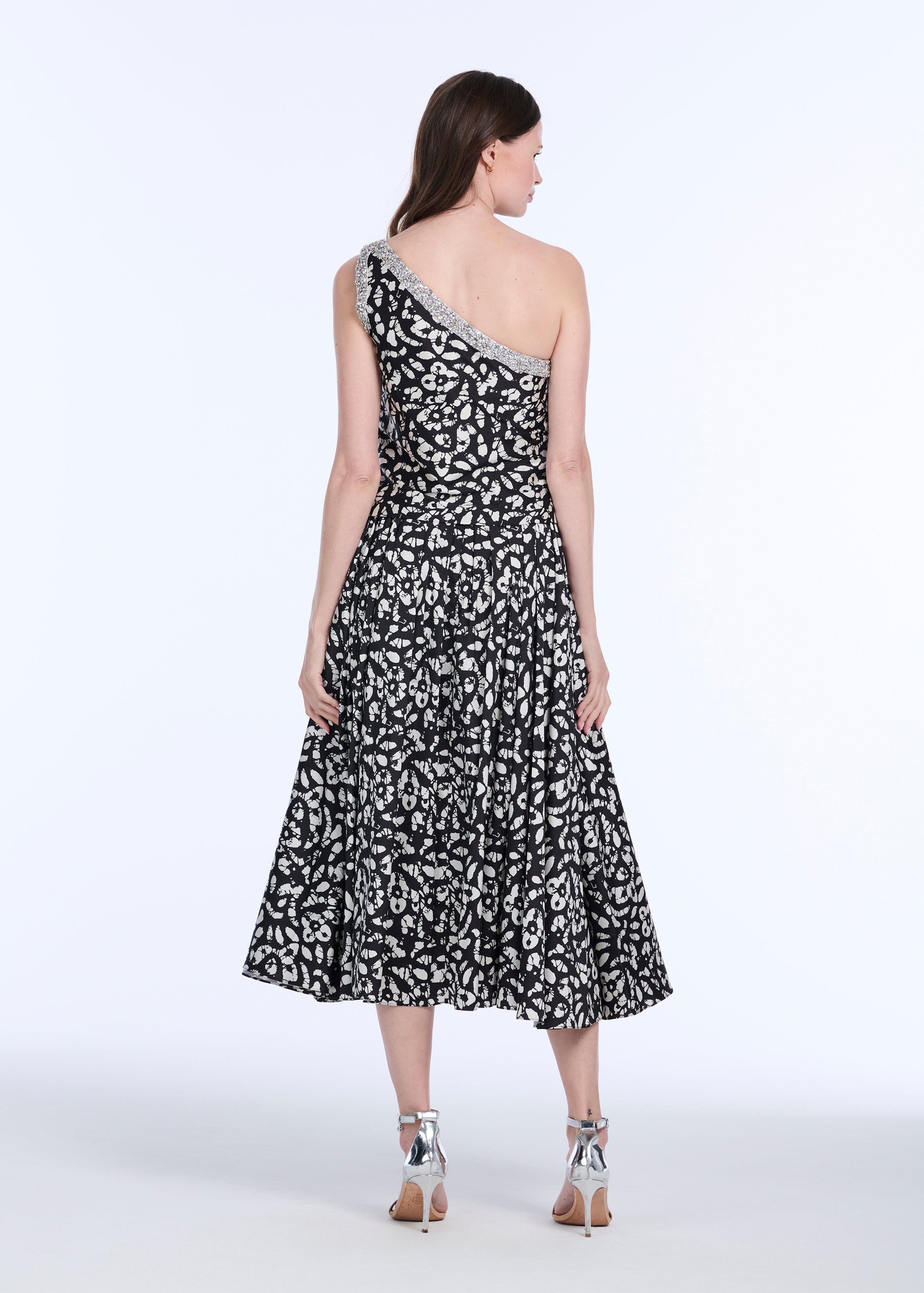 CRYSTAL TRIMMED ONE SHOULDER GRAPHIC PRINT BLOUSE IN BATIK PRINT