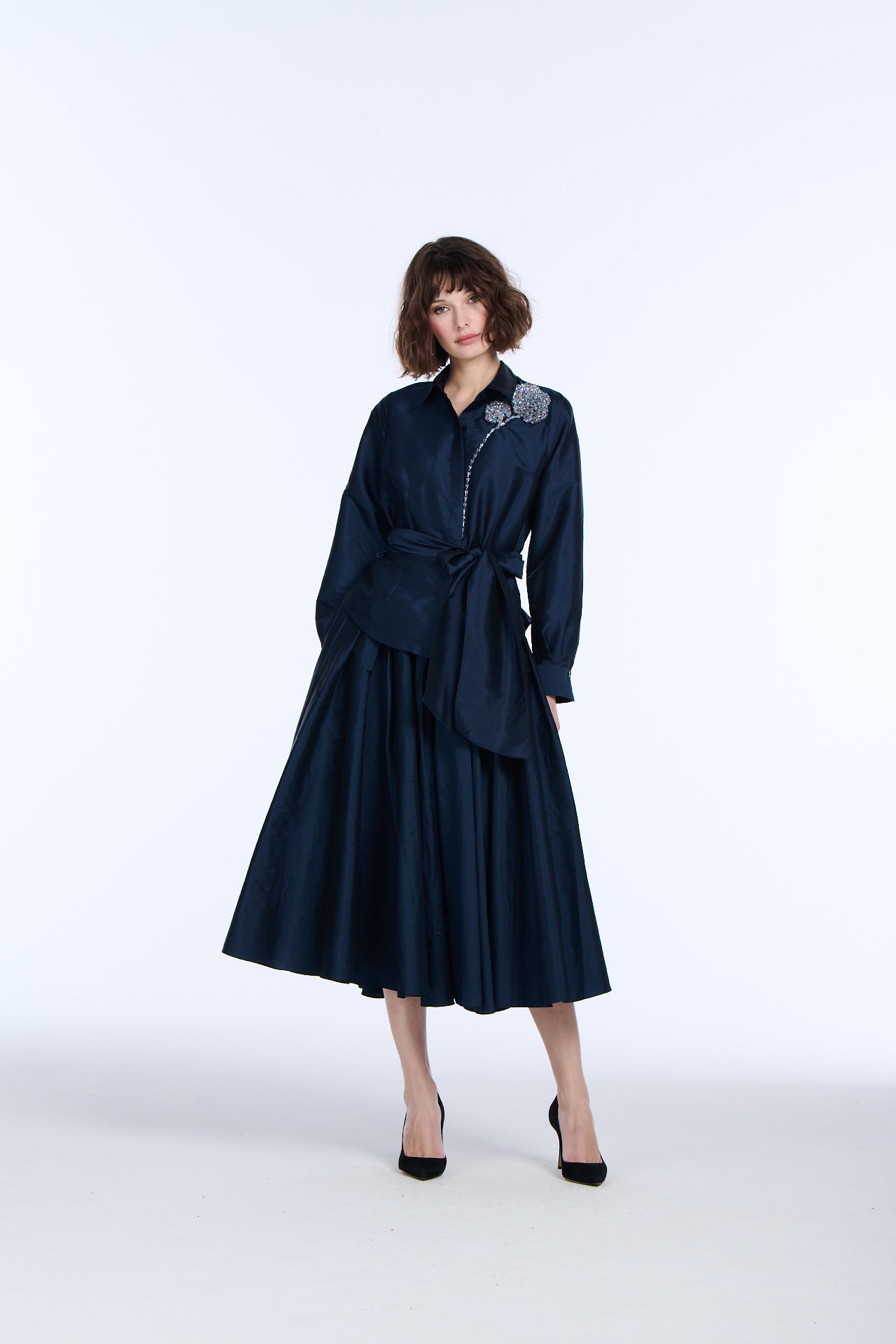 TAFFETA BLOUSE WITH CRYSTAL PEONY LIGHT BLUE