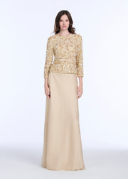 FLORAL 3/4 SLEEVE  HAND BEADED PAILETTE TOP CHAMPAGNE