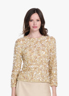 FLORAL 3/4 SLEEVE  HAND BEADED PAILETTE TOP BLUSH