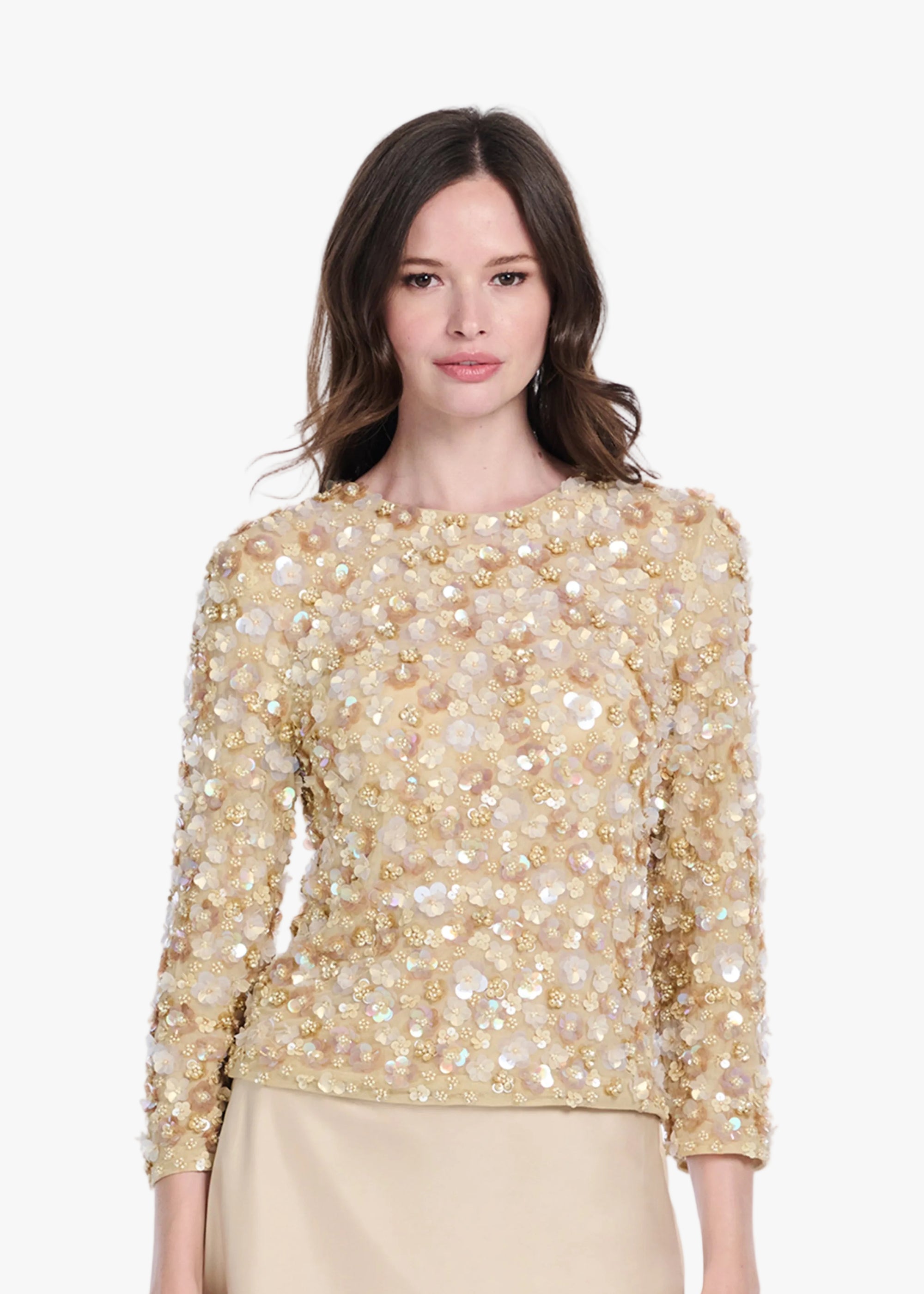 FLORAL 3/4 SLEEVE  HAND BEADED PAILETTE TOP BLUSH
