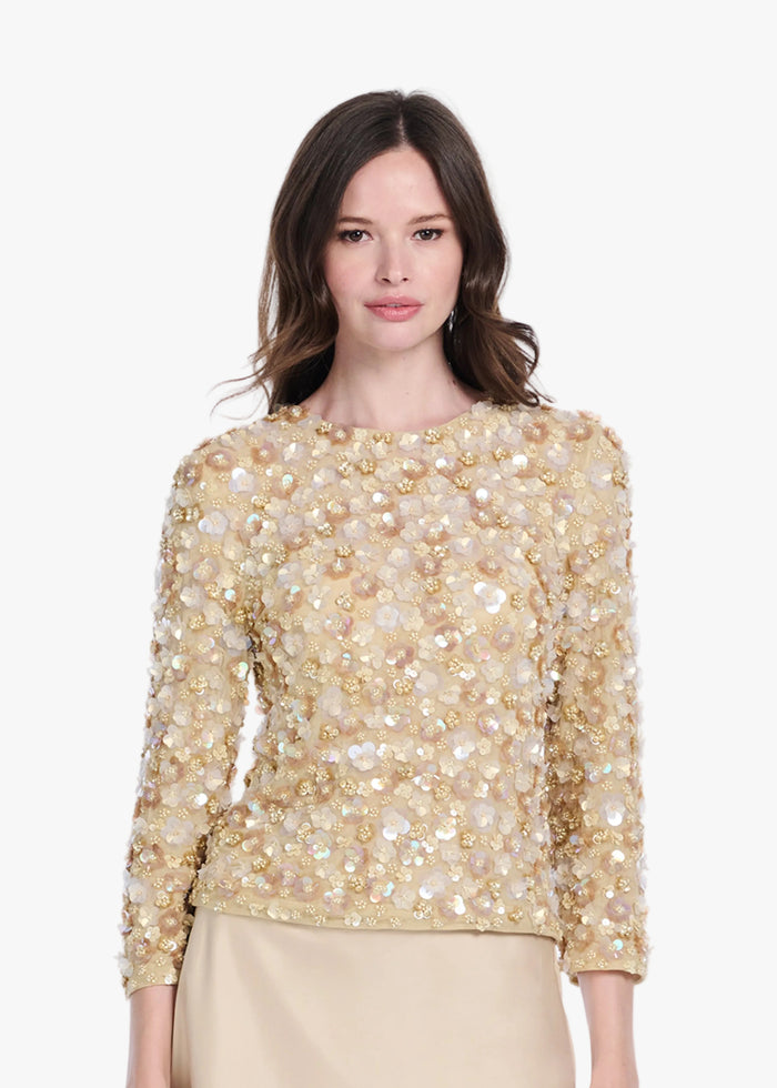 FLORAL 3/4 SLEEVE  HAND BEADED PAILETTE TOP CHAMPAGNE