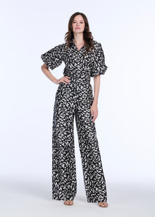 TAFFETA GRAPHIC ANIMAL PRINTED PUFF SLEEVE BLOUSE