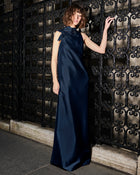 TAFFETA SLEEVELESS GOWN WITH FLOWERS NAVY