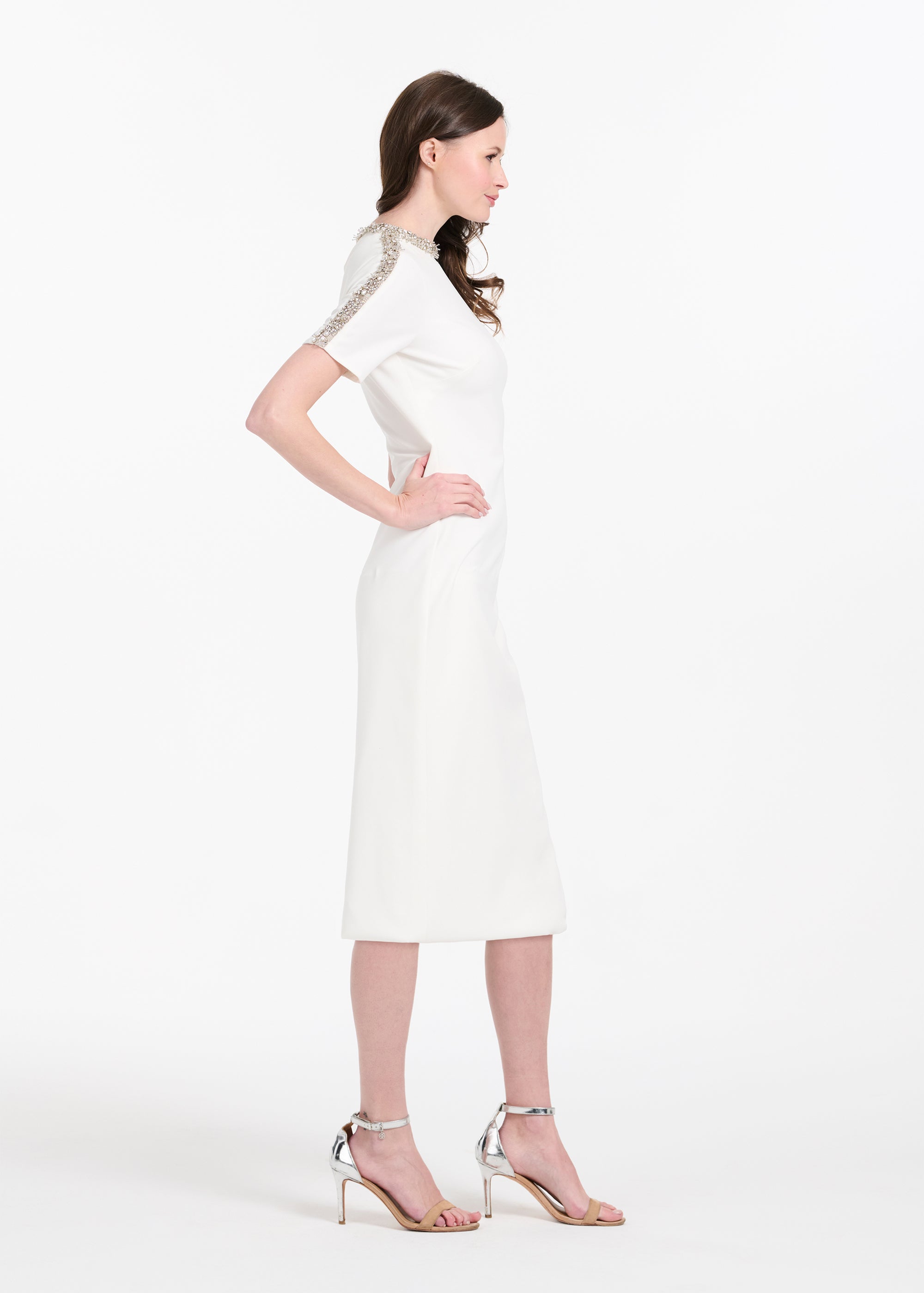 STRETCH CREPE MOCKNECK MIDI WITH CRYSTALS IVORY